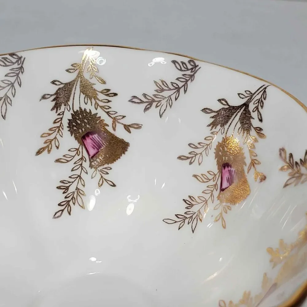 Queen Anne Teacup and Saucer Purple Gold Thistle Vintage